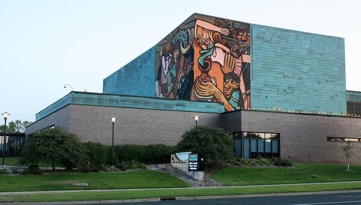 Bloomington Center for the Arts at Bloomington Civic Plaza, with a large mural on its wall
