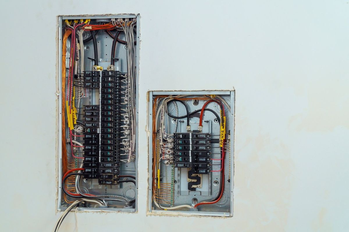 Two new residential breaker panels with covers off, showing labeled circuits landed on the breakers