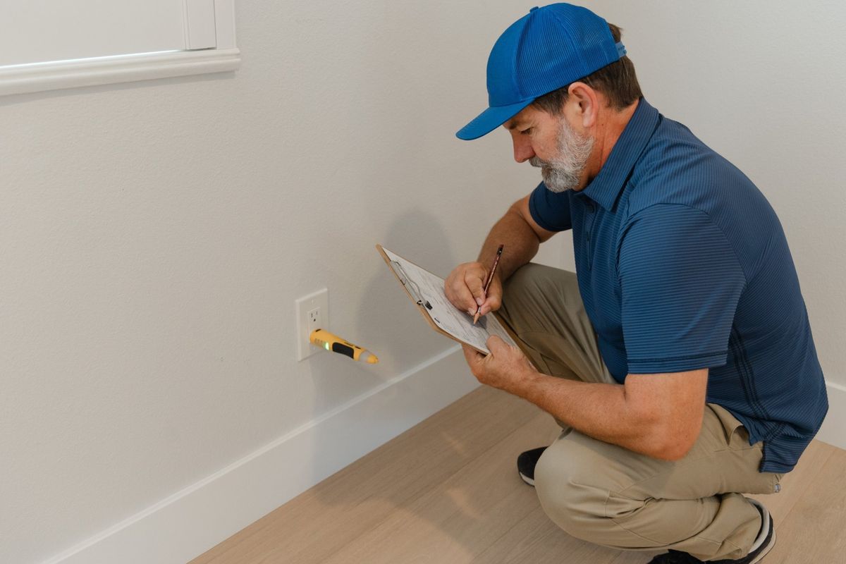 Electrician checking an outlet with a voltage tester and recording the result on a clipboard